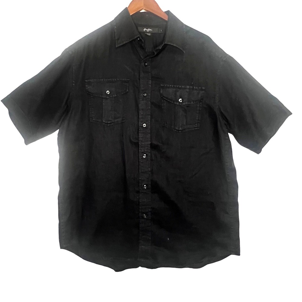 Sean John Mens Black 100% Linen Short Sleeve Button Down Shirt L Safari Party